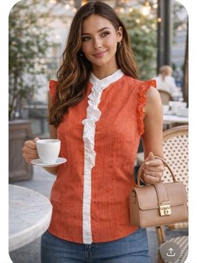 DO+BE Orange White Ruffle Front Blouse Size Medium Button Front Feminine Top